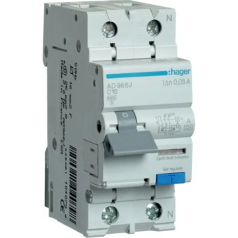 Дифференциальный автомат HAGER AD966J 1P+N 6kA С-20A I∆n=30мА, Тип А, винтовые клеммы, ширина 2М